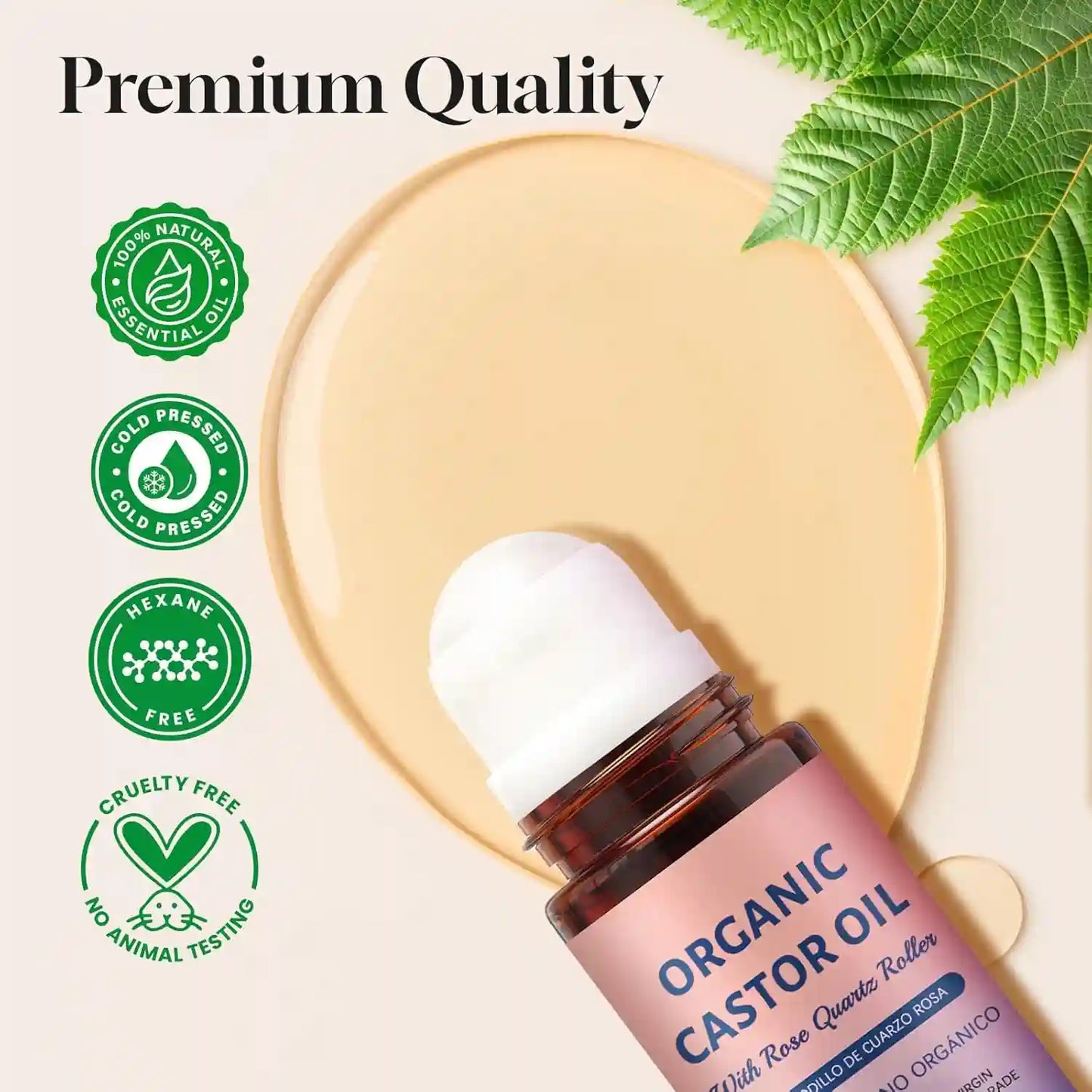 Organic Castor Oil Rose Quartz Roll-On: Smooth Wrinkles & Boost Lashes Mess-Free