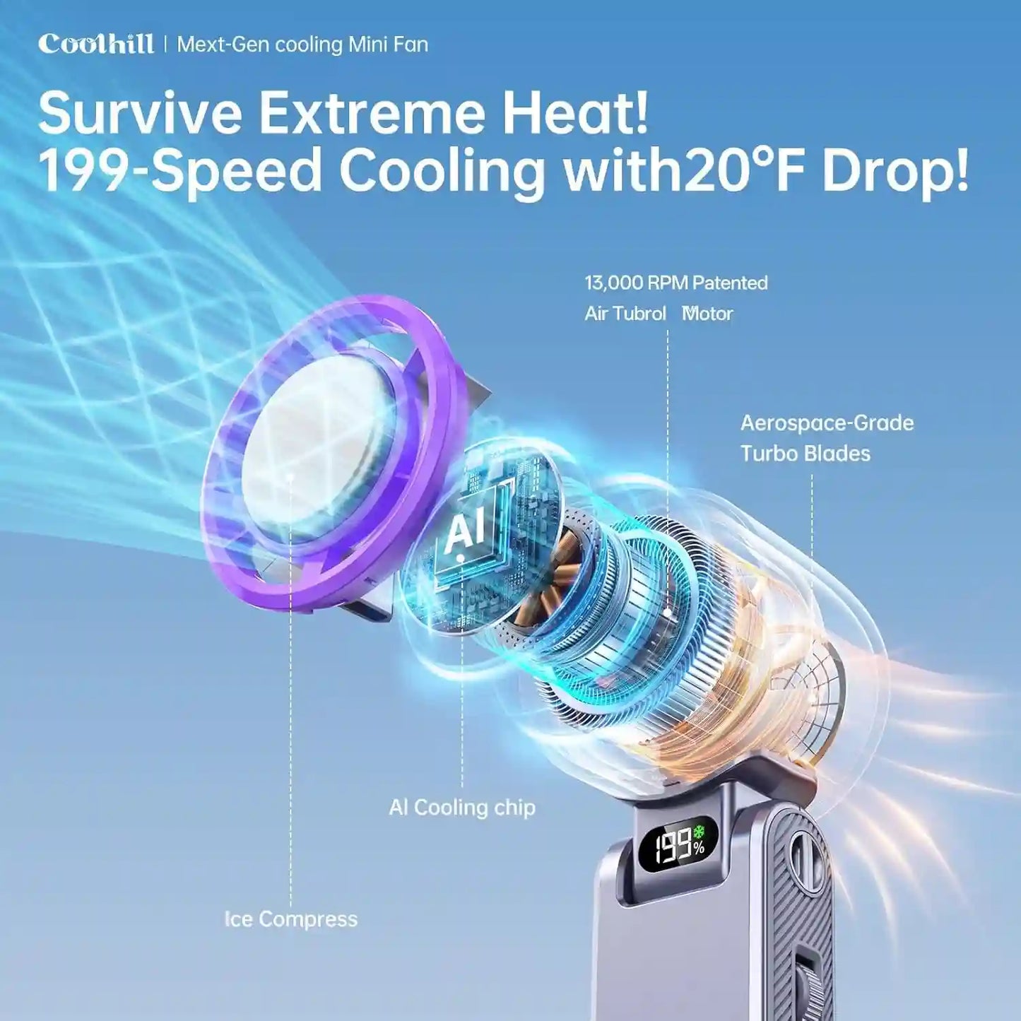 Portable High-Speed Fan – Instant Ice Cooling With 199 Wind Levels